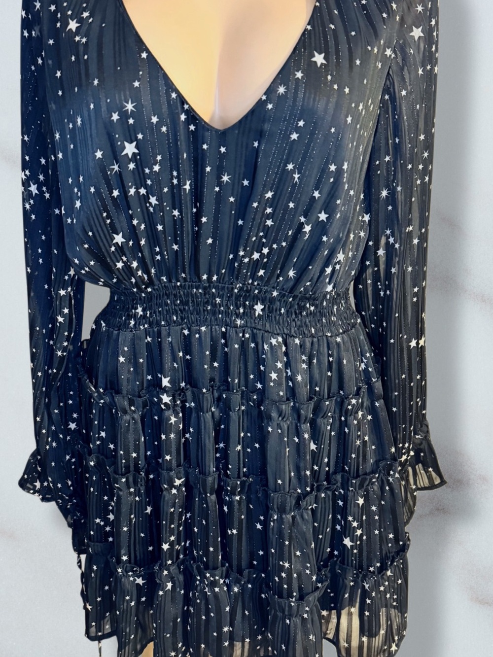 Nasty Gal Black Celestial Star Print Smocked Tiered Ruffle Mini Dress